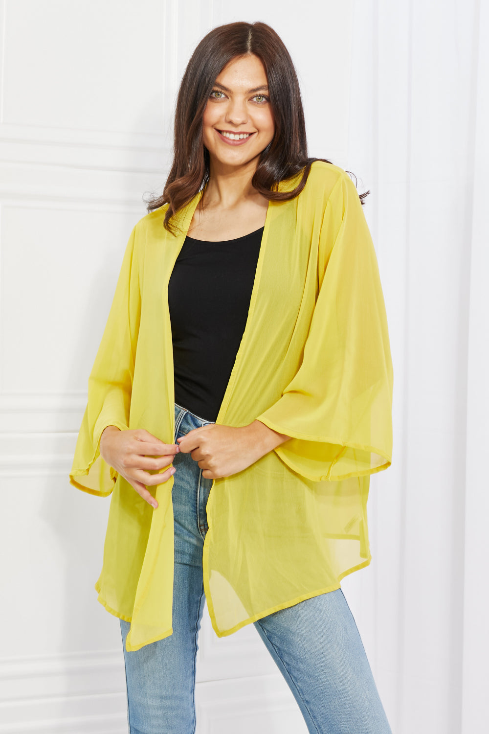 Melody Just Breathe Full Size Chiffon Kimono in Yellow - UrbanEthereal