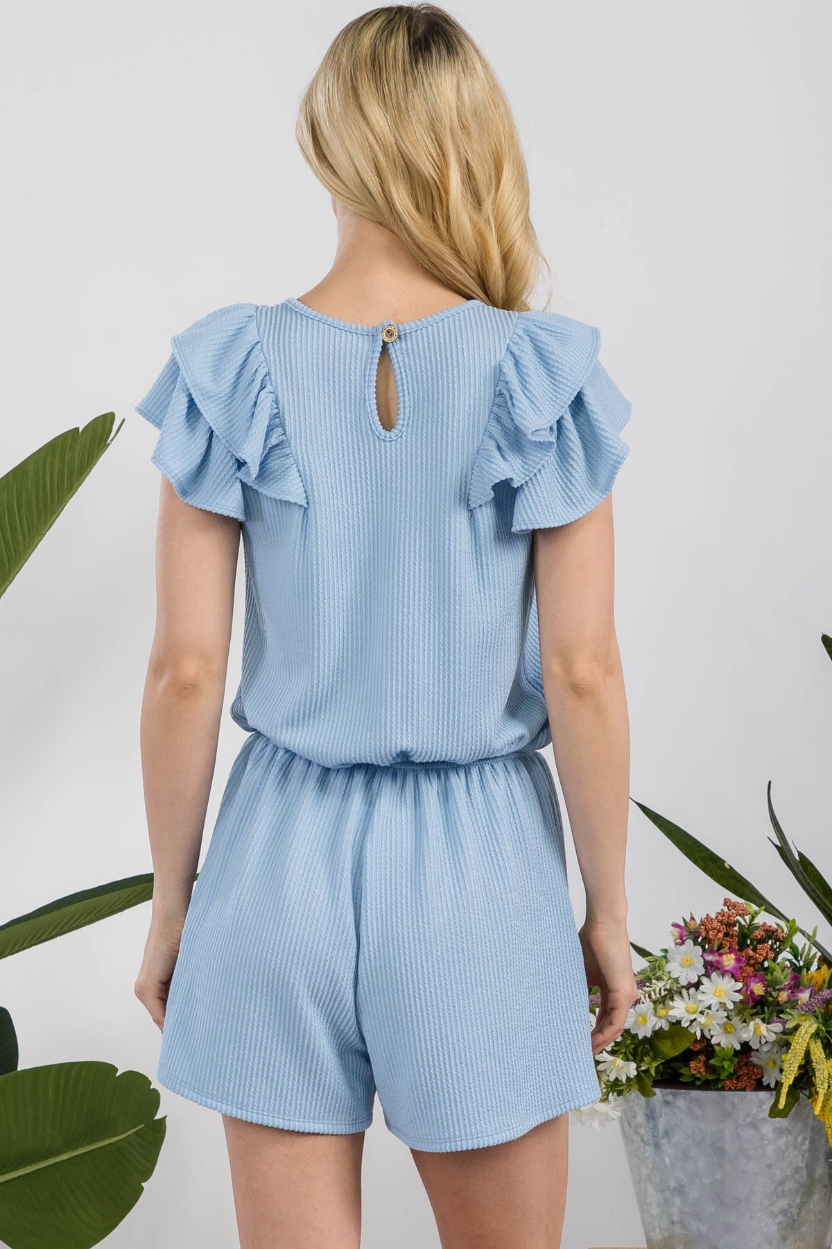 Celeste Full Size V-Neck Ruffled Ribbed Romper - UrbanEthereal