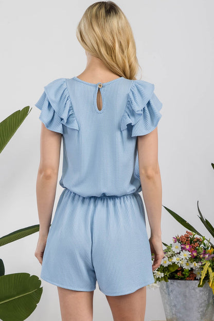 Celeste Full Size V-Neck Ruffled Ribbed Romper - UrbanEthereal