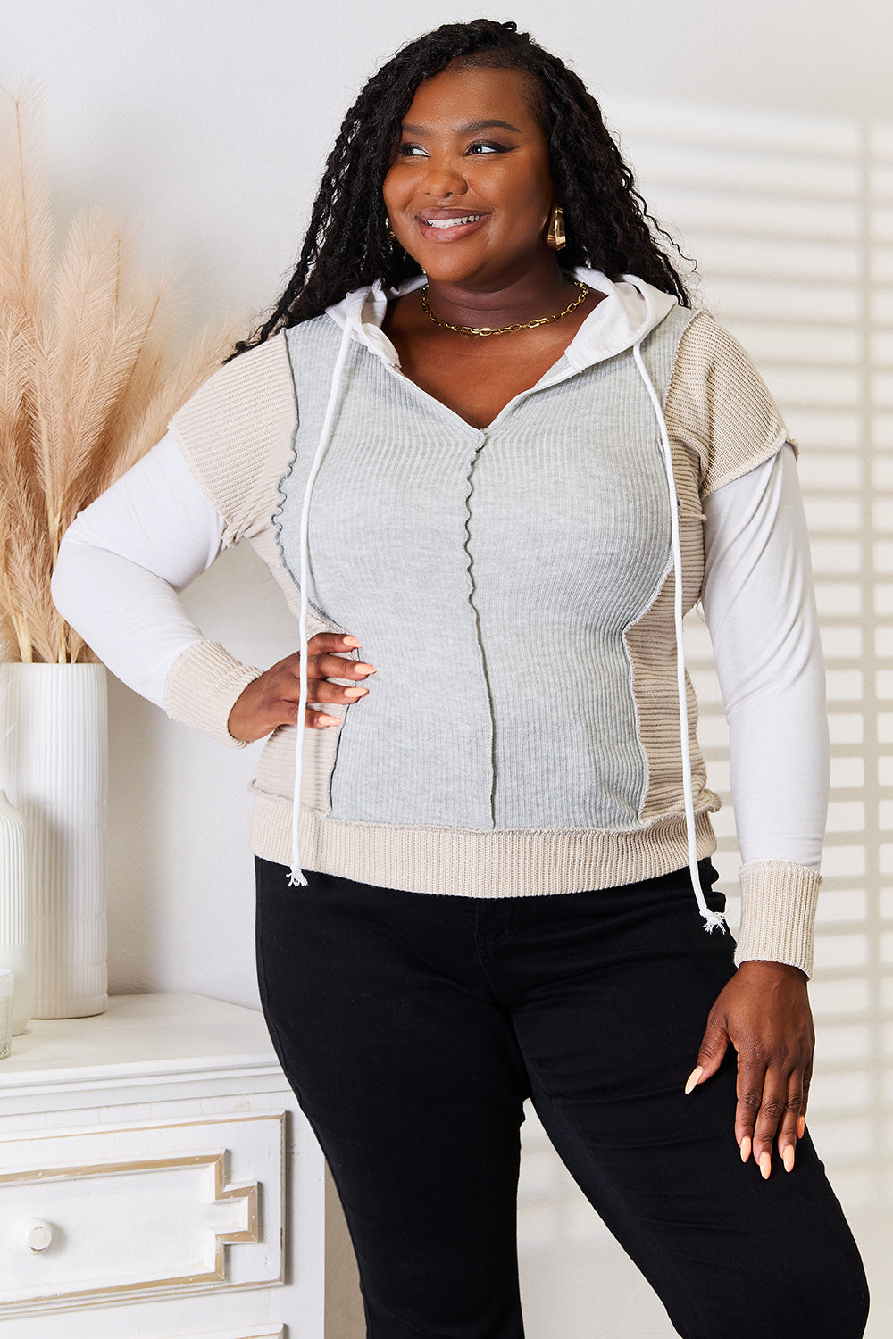 Double Take Color Block Exposed Seam Drawstring Hoodie - UrbanEthereal