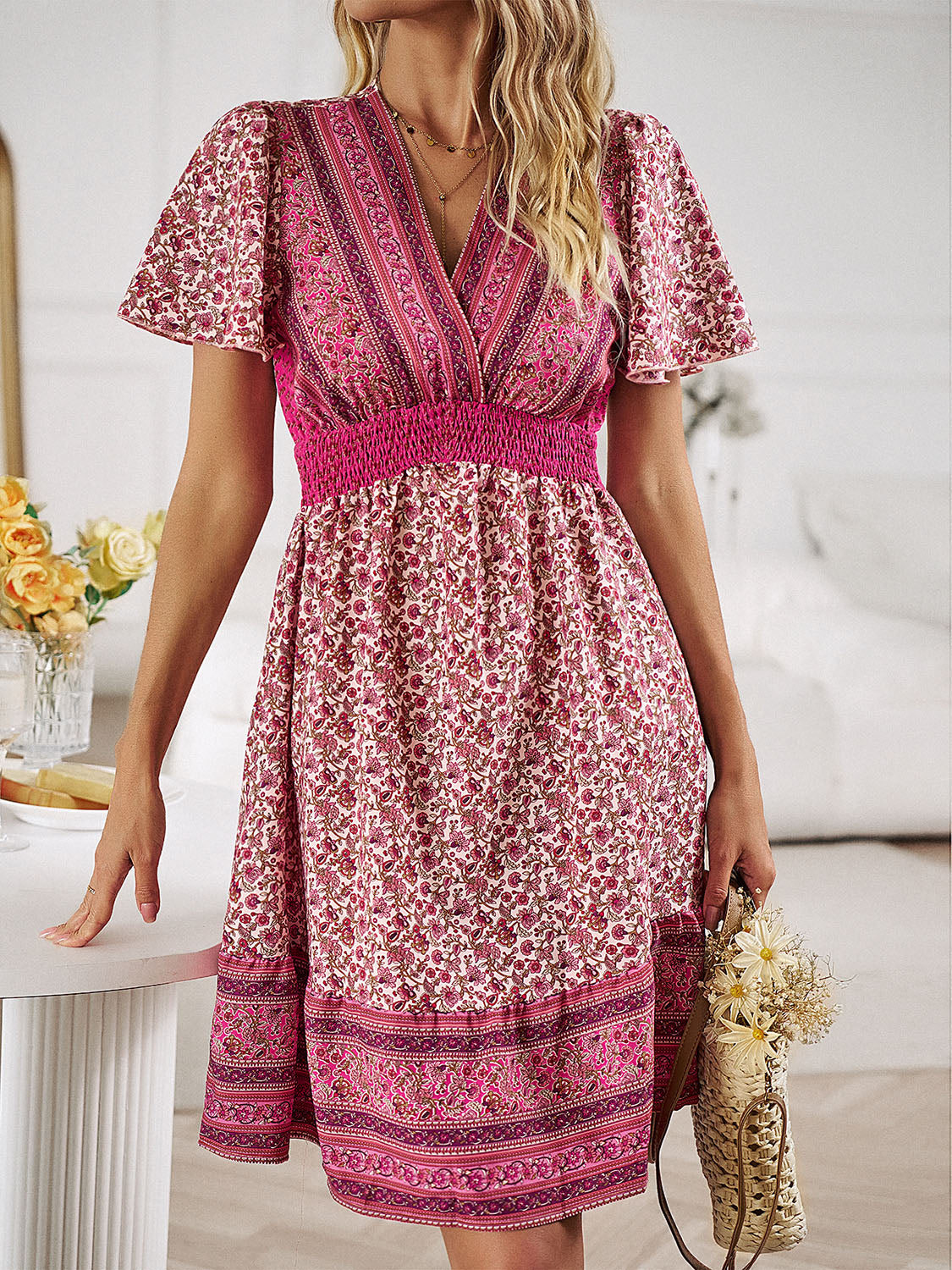 Floral Smocked Waist Short Sleeve Mini Dress - UrbanEthereal