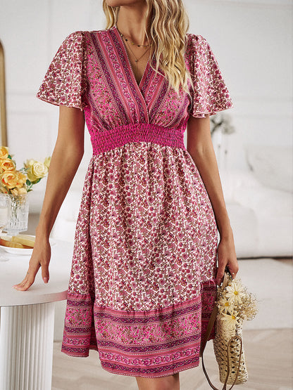 Floral Smocked Waist Short Sleeve Mini Dress - UrbanEthereal