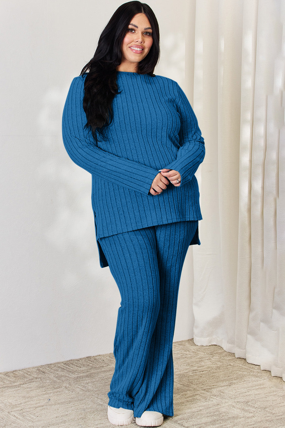 Basic Bae Full Size Ribbed High-Low Top and Wide Leg Pants Set - UrbanEthereal