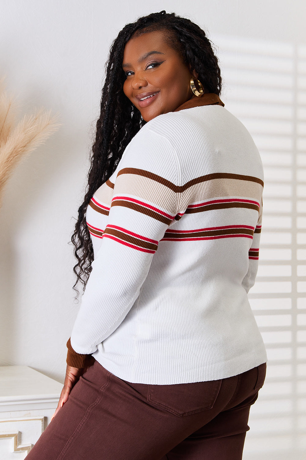 Basic Bae Striped Collared Neck Rib-Knit Top - UrbanEthereal