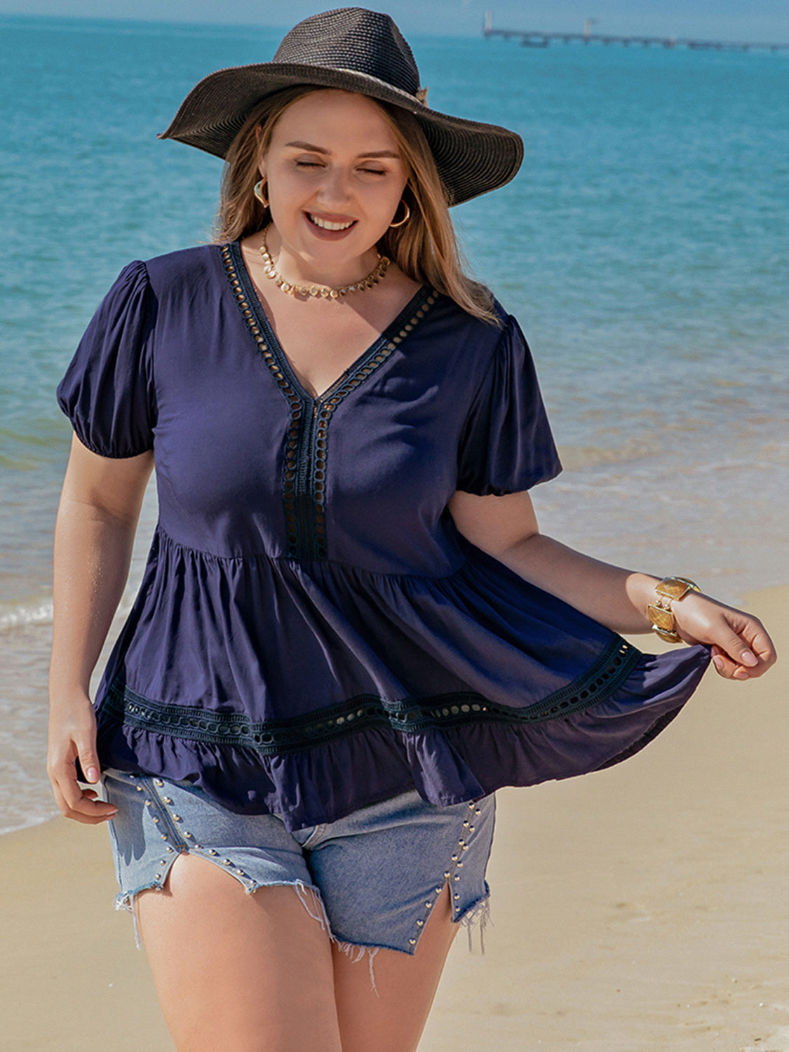 Plus Size Peplum V-Neck Short Sleeve Blouse - UrbanEthereal