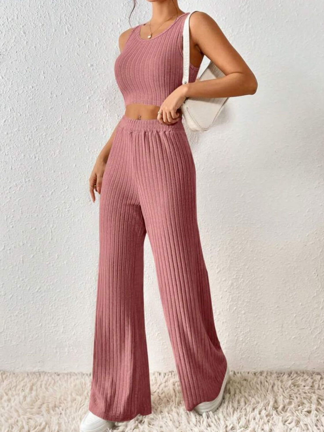 Ribbed Round Neck Tank and Pants Sweater Set