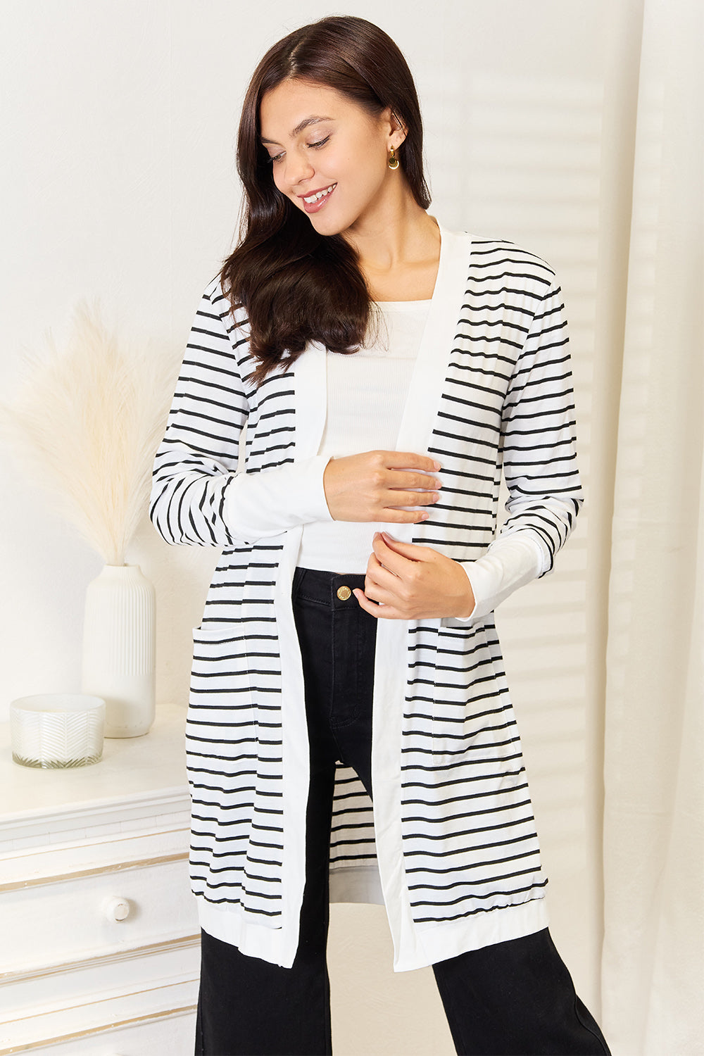 Double Take Striped Open Front Longline Cardigan - UrbanEthereal