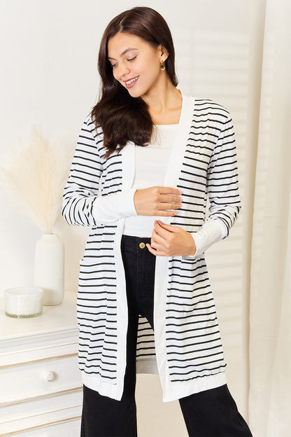 Double Take Striped Open Front Longline Cardigan - UrbanEthereal