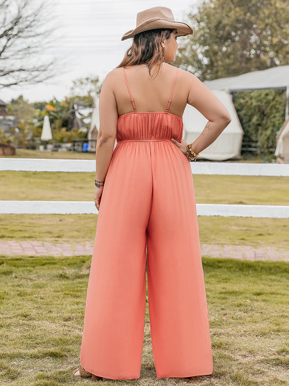 Plus Size Lace Detail Spaghetti Strap Wide Leg Jumpsuit - UrbanEthereal
