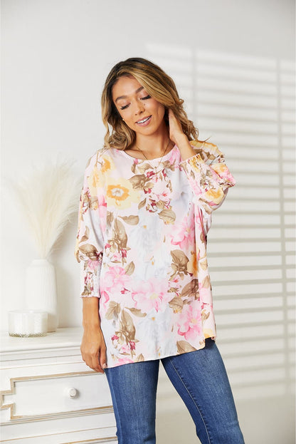 Double Take Floral Round Neck Three-Quarter Sleeve Top - UrbanEthereal