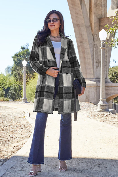 Double Take Full Size Plaid Button Up Lapel Collar Coat - UrbanEthereal