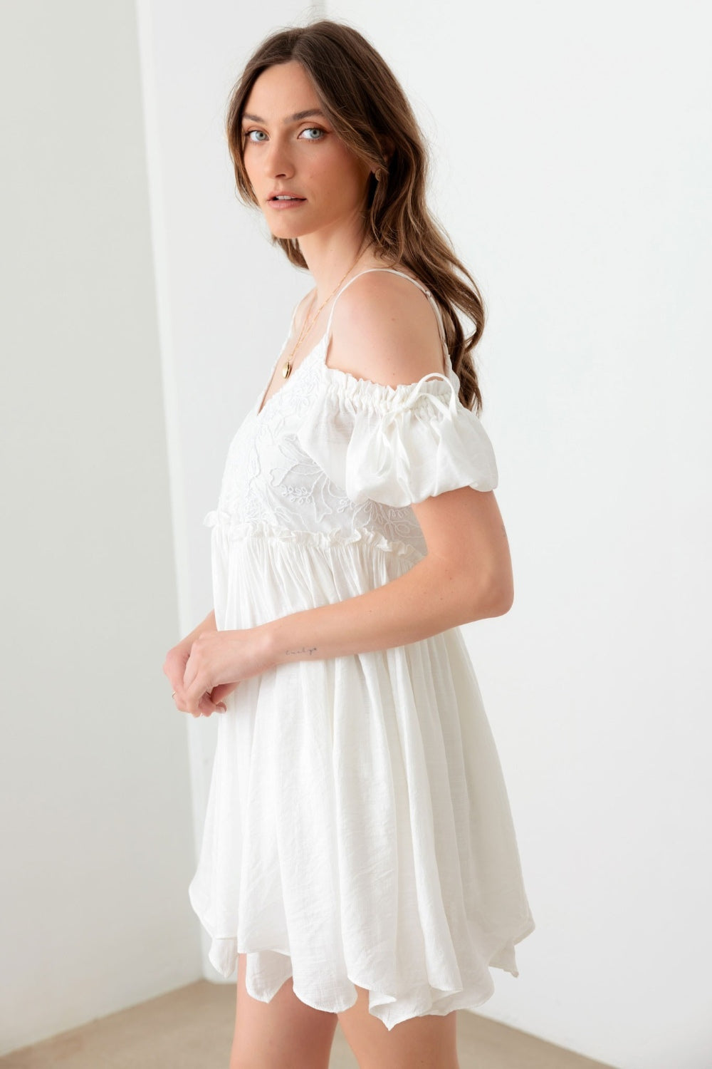 Mustard Seed Embroidered Floral Shirred Cold Shoulder Mini Dress - UrbanEthereal
