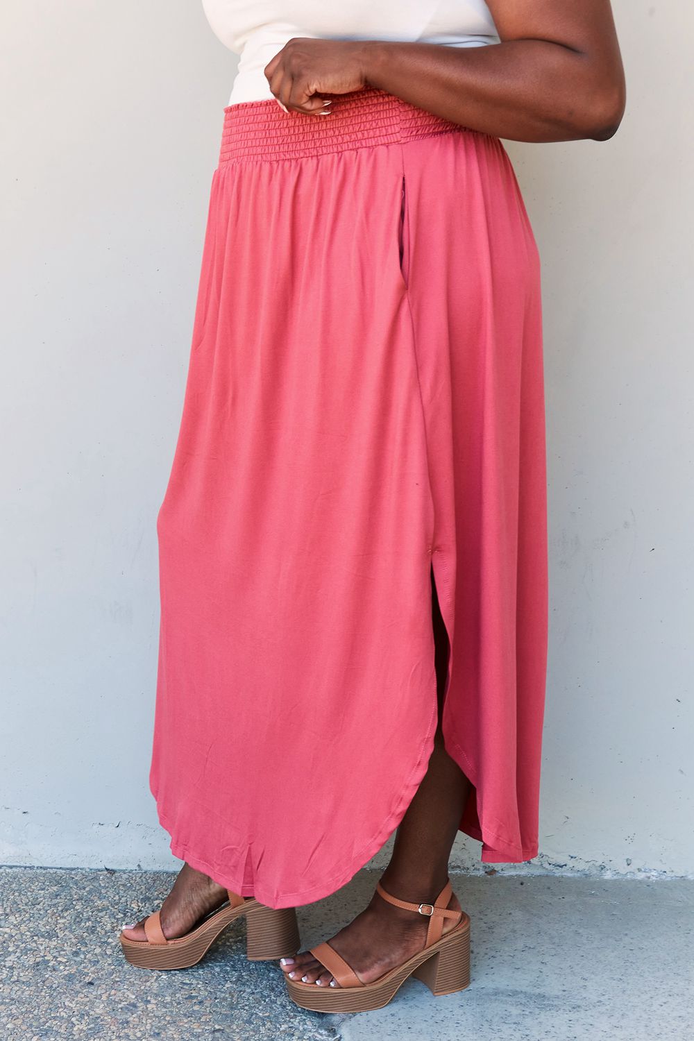 Doublju Comfort Princess Full Size High Waist Scoop Hem Maxi Skirt - UrbanEthereal