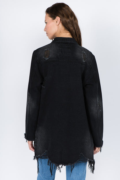 American Bazi Distressed Frayed Hem Denim Jacket - UrbanEthereal