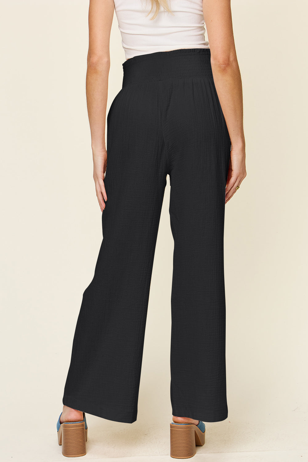 Double Take Full Size Texture Smocked Waist Wide Leg Pants - UrbanEthereal