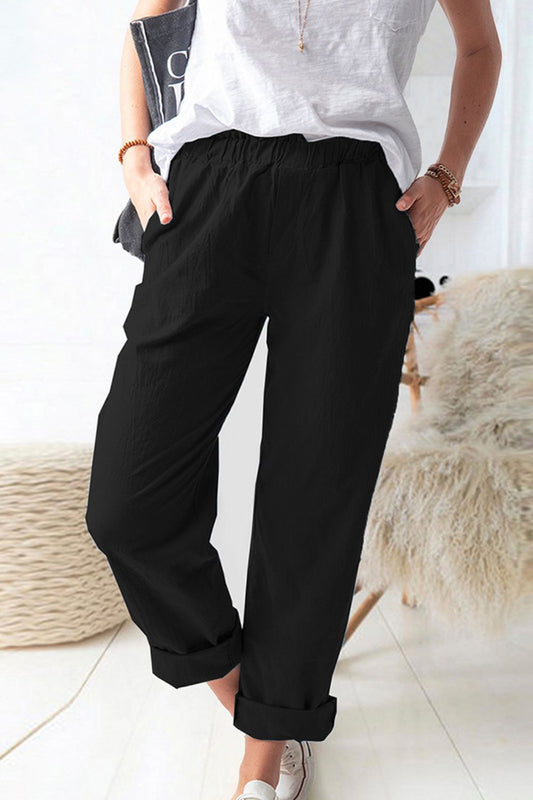 Shiny Paperbag Waist Pull-On Pants with Pockets