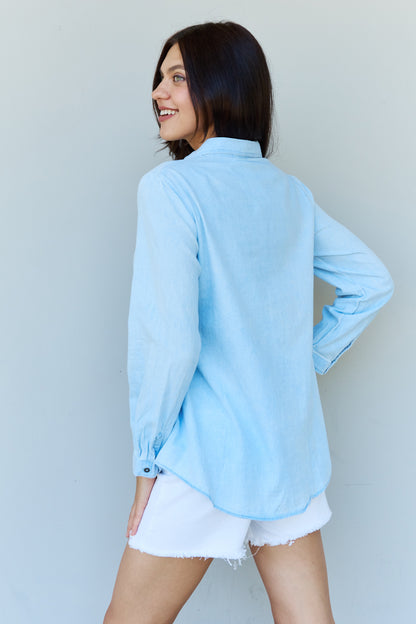 Doublju Blue Jean Baby Denim Button Down Shirt Top in Light Blue - UrbanEthereal