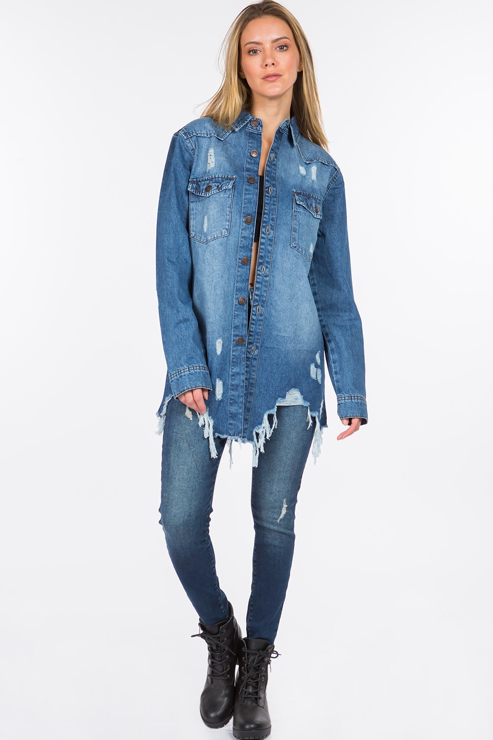 American Bazi Distressed Frayed Hem Denim Jacket - UrbanEthereal