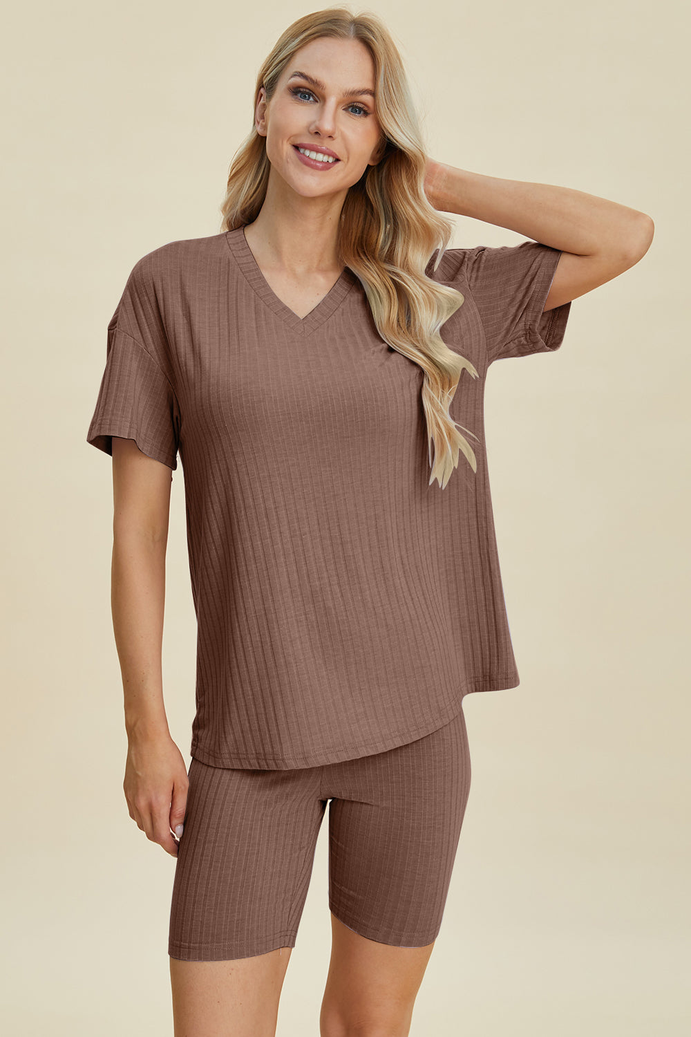 Basic Bae Full Size Ribbed V-Neck Short Sleeve Top and Shorts Set - UrbanEthereal