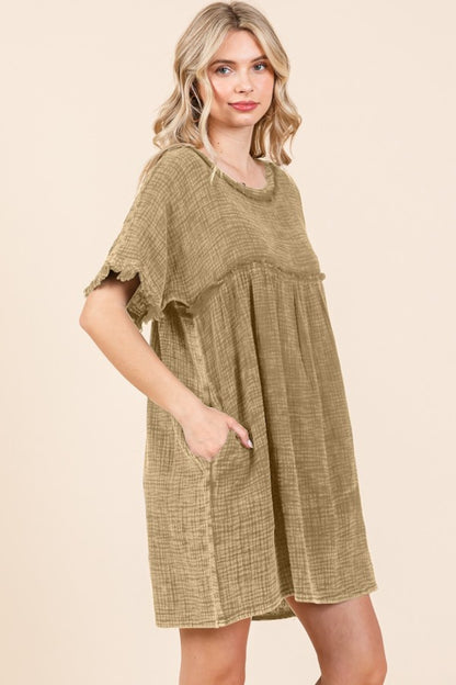 Culture Code Full Size Short Sleeve Babydoll Texture Dress with Pockets - UrbanEthereal