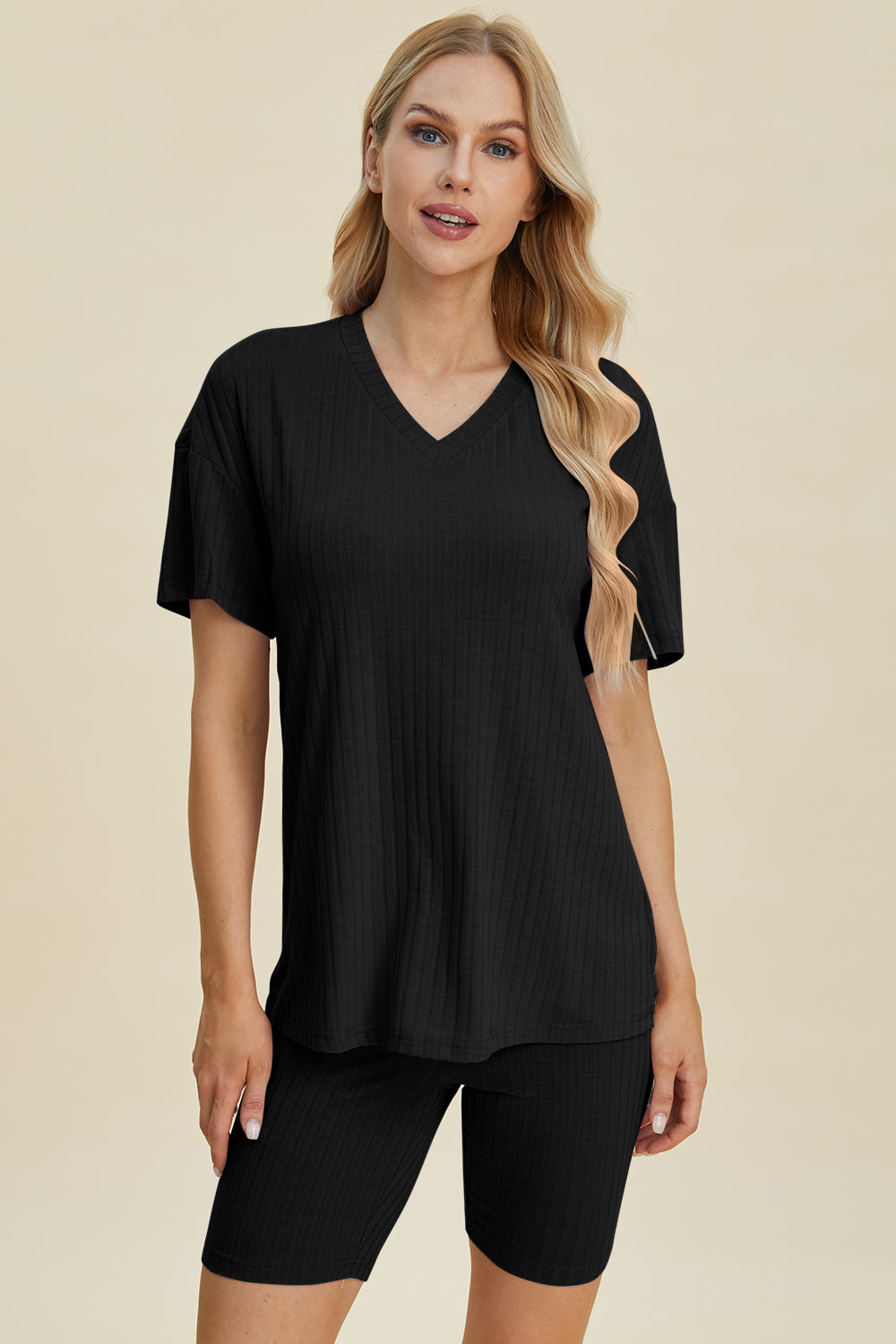 Basic Bae Full Size Ribbed V-Neck Short Sleeve Top and Shorts Set - UrbanEthereal