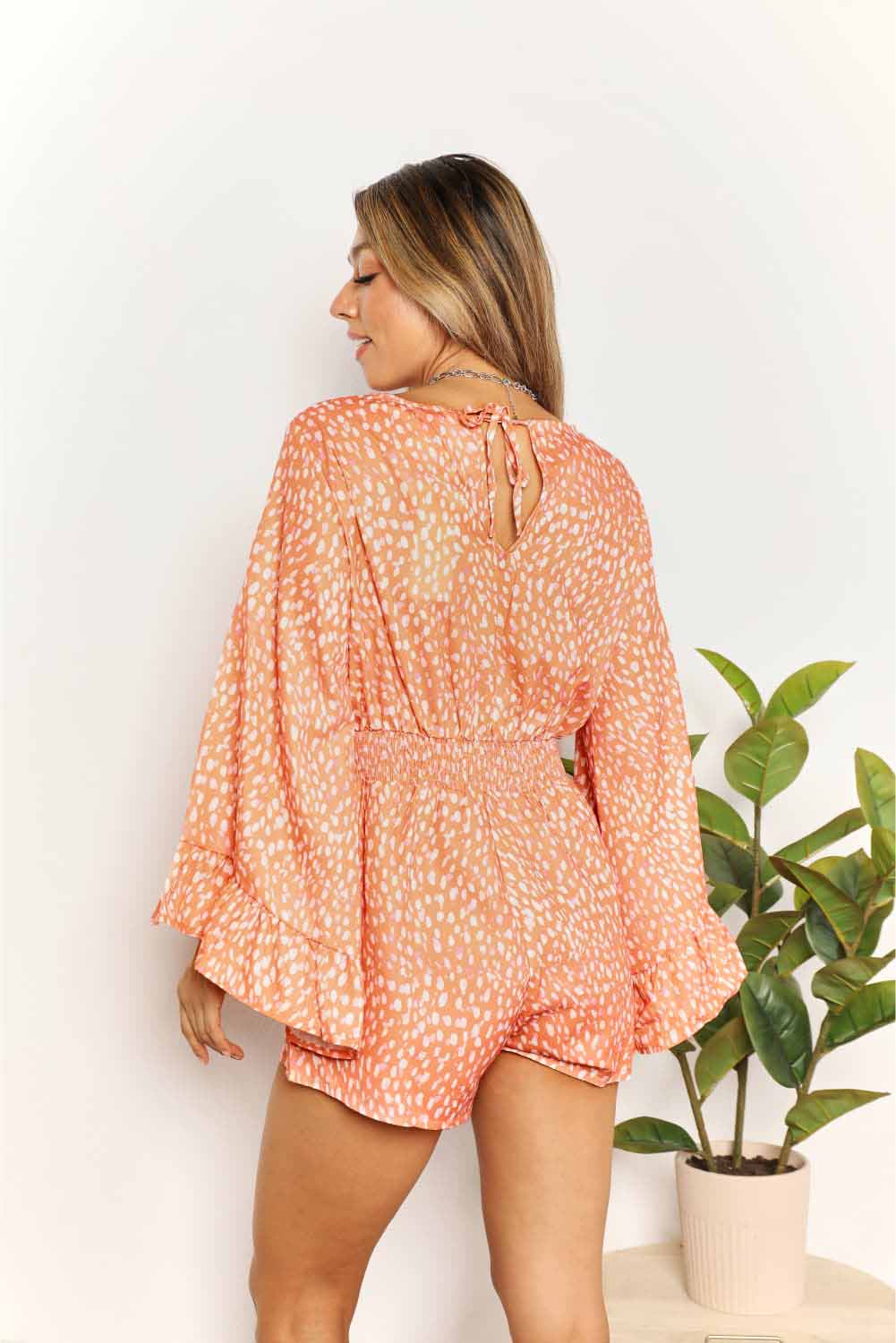 Double Take Printed Flare Sleeve Surplice Romper - UrbanEthereal