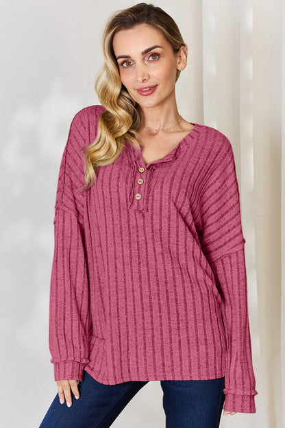 Basic Bae Full Size Ribbed Half Button Long Sleeve T-Shirt - UrbanEthereal