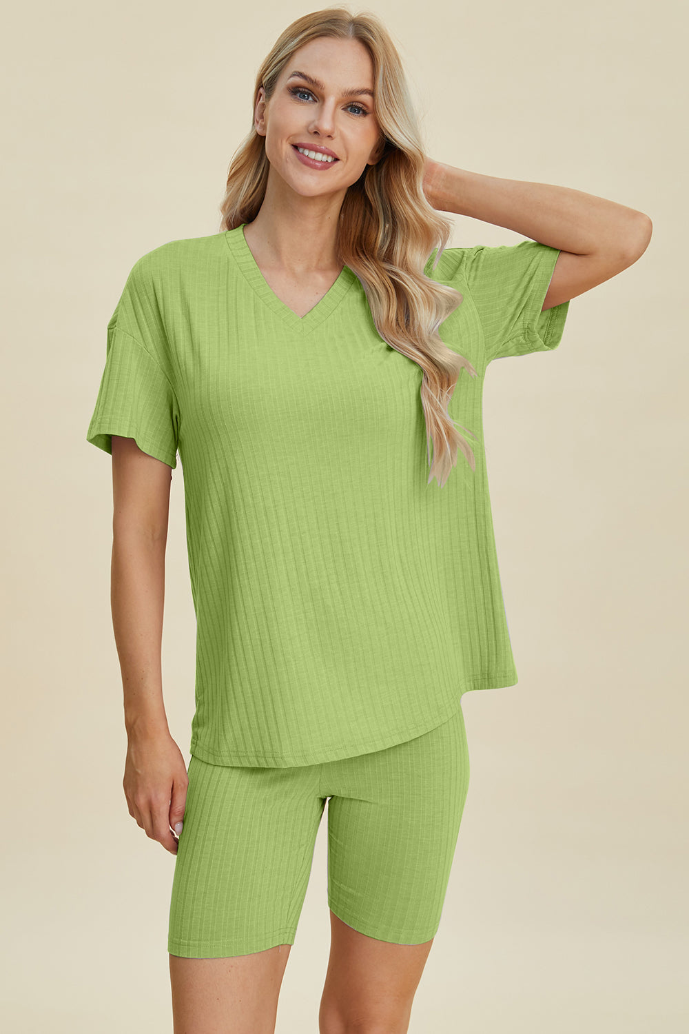 Basic Bae Full Size Ribbed V-Neck Short Sleeve Top and Shorts Set - UrbanEthereal