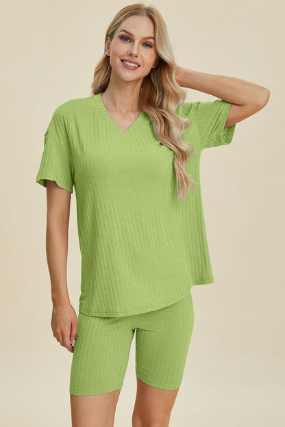 Basic Bae Full Size Ribbed V-Neck Short Sleeve Top and Shorts Set - UrbanEthereal