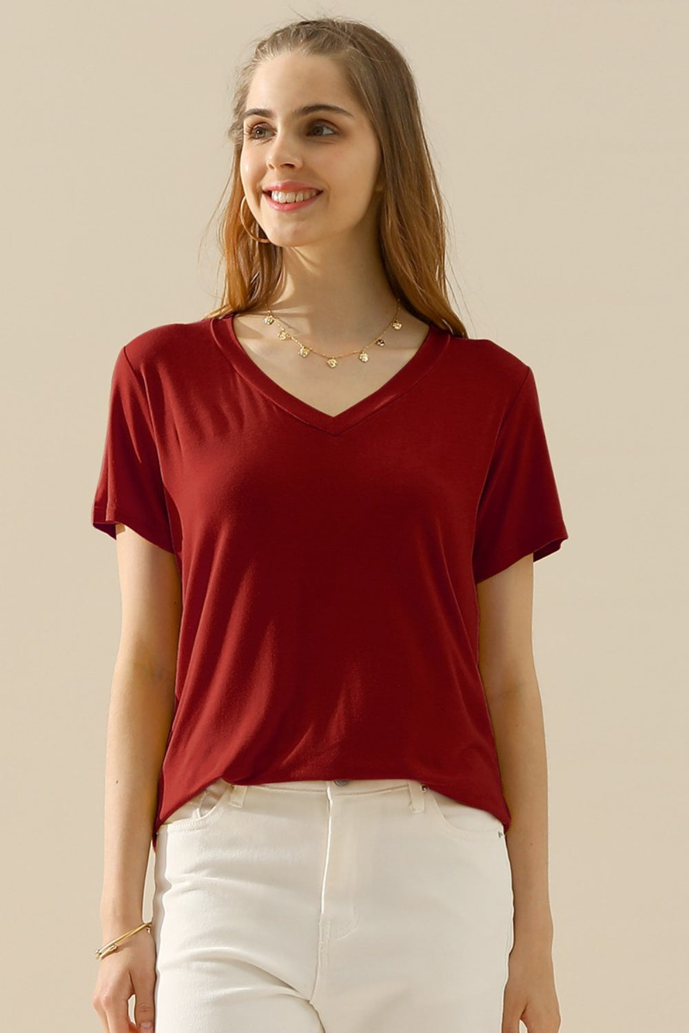 Ninexis Full Size V-Neck Short Sleeve T-Shirt - UrbanEthereal
