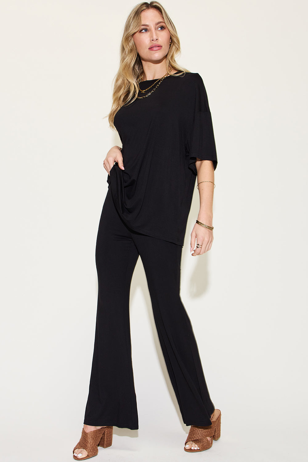 Basic Bae Full Size Bamboo Drop Shoulder T-Shirt and Flare Pants Set - UrbanEthereal