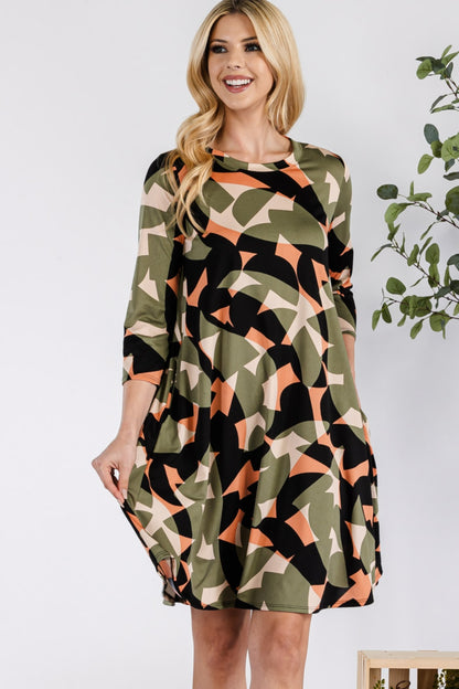 Celeste Full Size Geometric Round Neck Dress with Pockets - UrbanEthereal