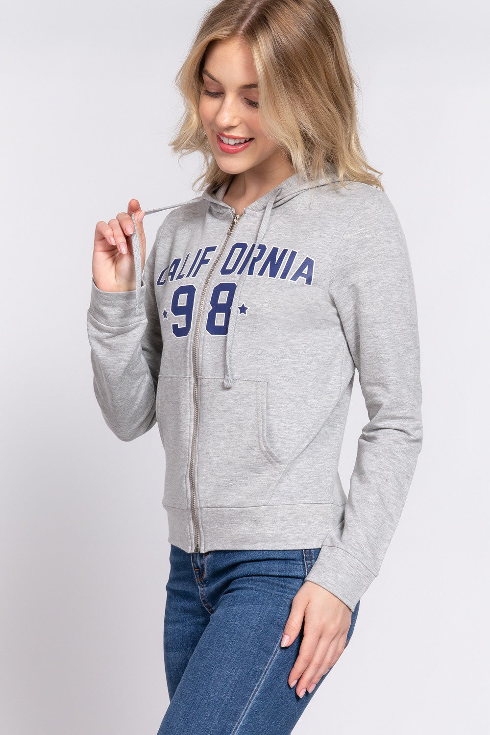 ACTIVE BASIC CALIFORNIA Zip Up Drawstring Long Sleeve Hoodie - UrbanEthereal