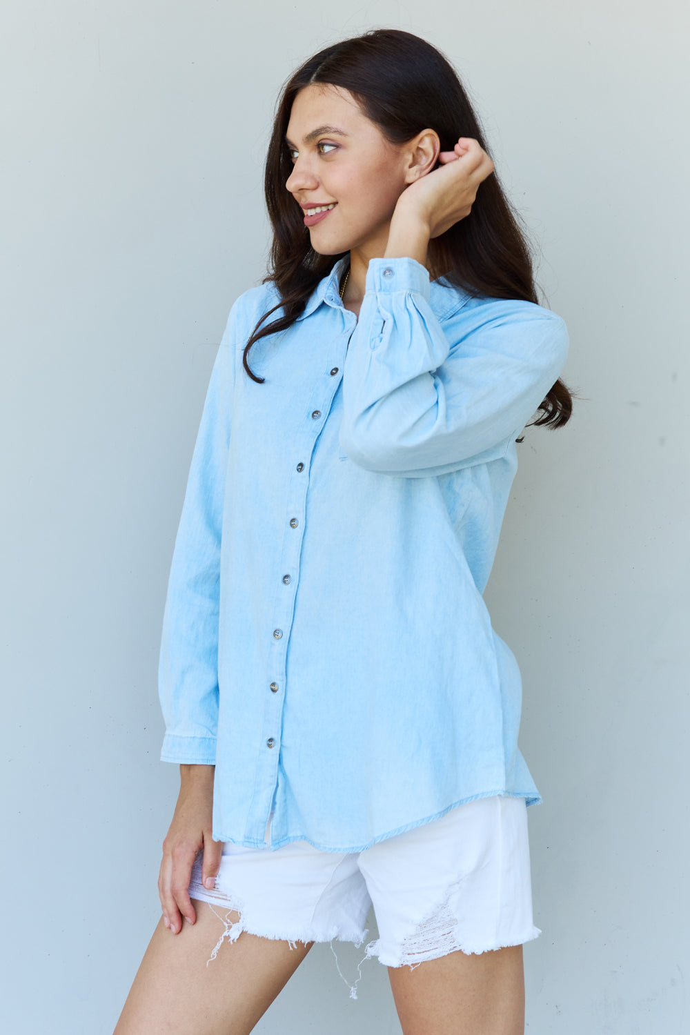 Doublju Blue Jean Baby Denim Button Down Shirt Top in Light Blue - UrbanEthereal