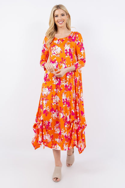 Celeste Full Size Pick-Up Hem Asymmetric Floral Midi Dress - UrbanEthereal
