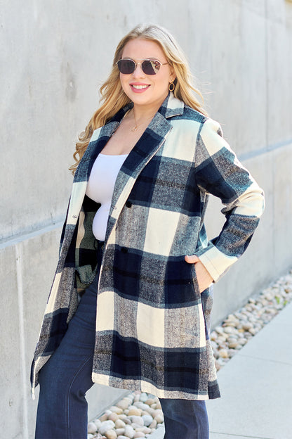 Double Take Full Size Plaid Button Up Lapel Collar Coat - UrbanEthereal