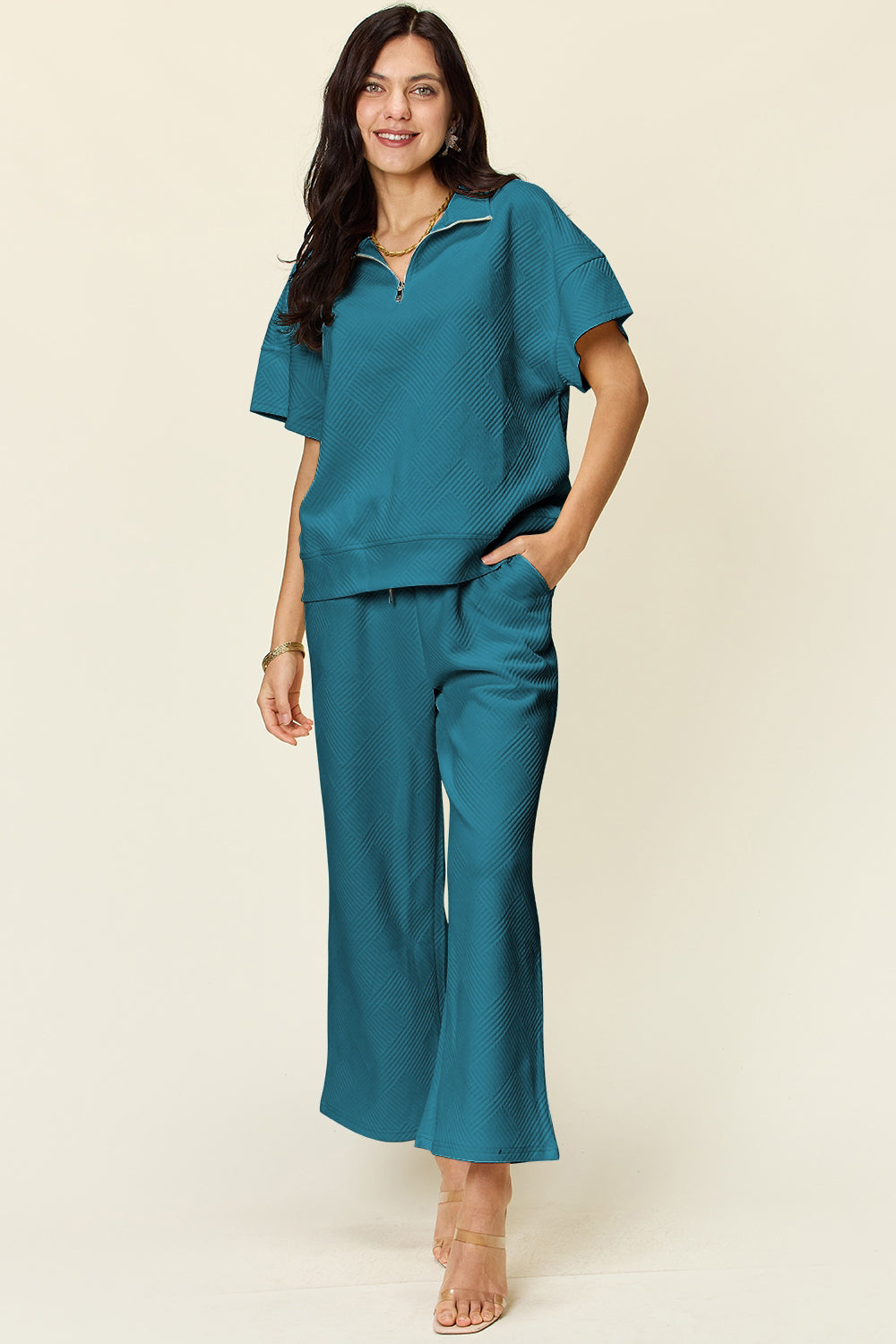 Double Take Full Size Texture Half Zip Short Sleeve Top and Pants Set - UrbanEthereal