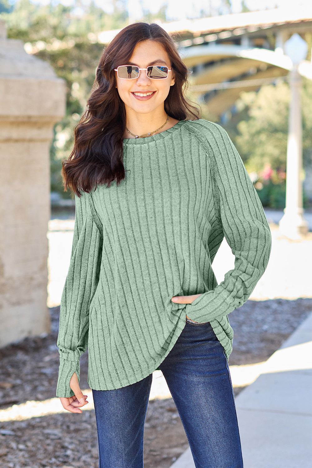 Basic Bae Full Size Ribbed Round Neck Long Sleeve Knit Top - UrbanEthereal
