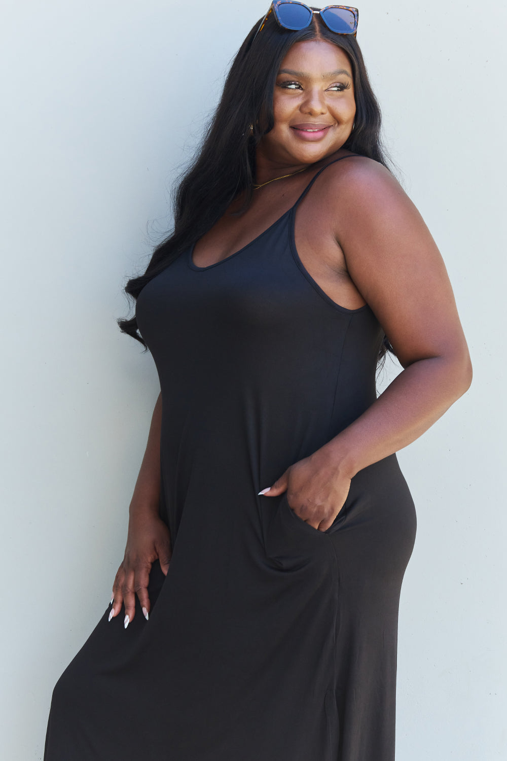 Ninexis Good Energy Full Size Cami Side Slit Maxi Dress in Black - UrbanEthereal