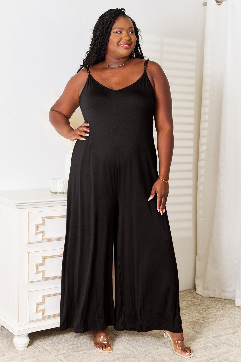 Double Take Full Size Soft Rayon Spaghetti Strap Tied Wide Leg Jumpsuit - UrbanEthereal