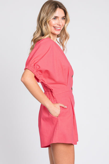 GeeGee Half Button V-Neck Linen Romper - UrbanEthereal