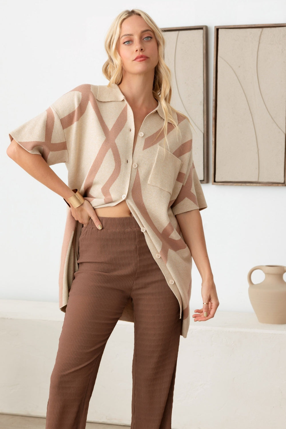 Le Lis Abstract Collared Button Down Sweater Dress - UrbanEthereal