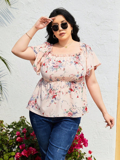 Plus Size Frill Printed Flutter Sleeve Blouse - UrbanEthereal