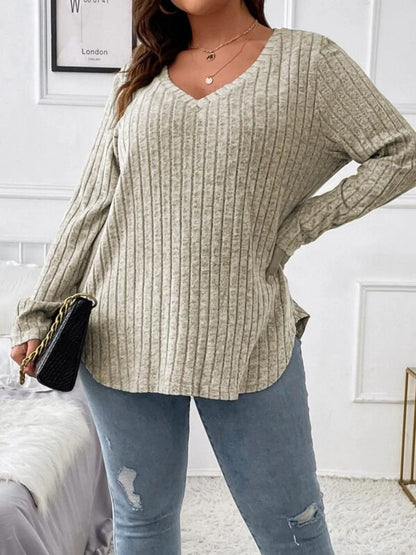 Plus Size V-Neck Long Sleeve T-Shirt - UrbanEthereal