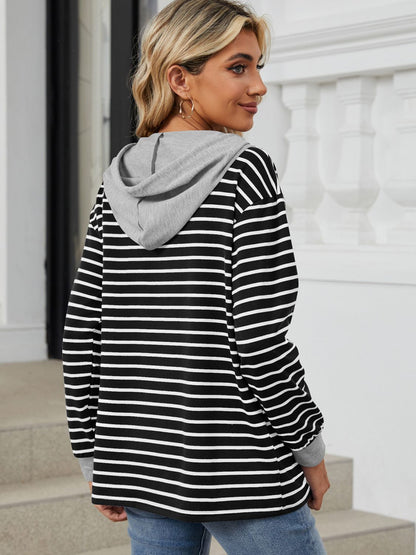 Drawstring Striped Long Sleeve Hoodie