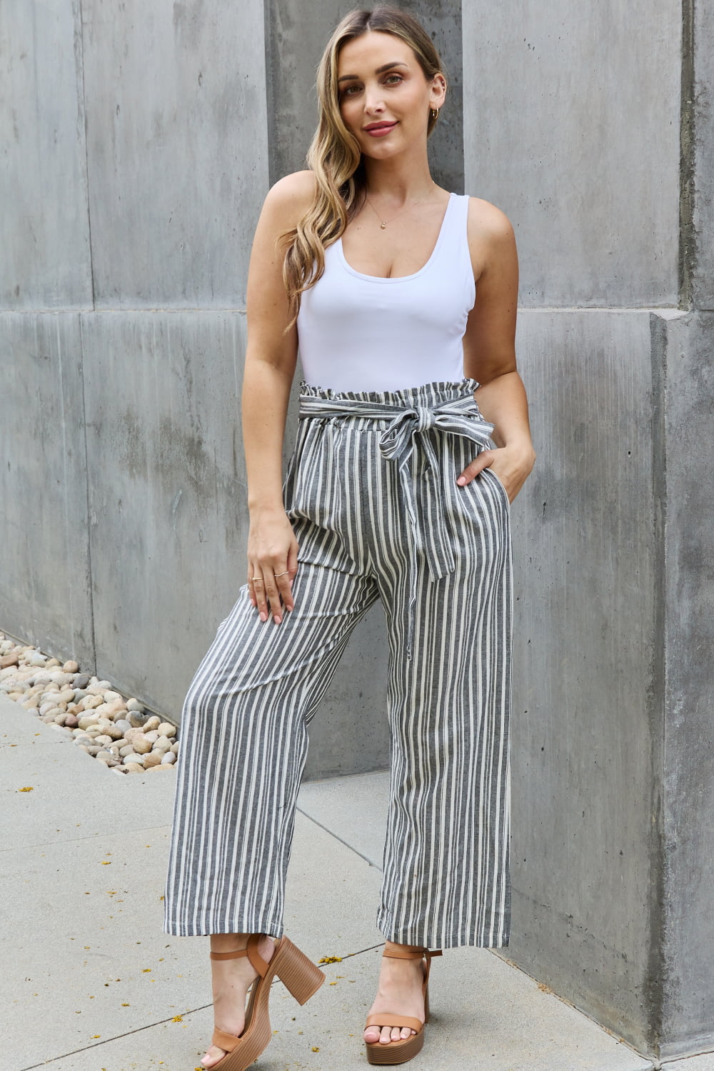 Heimish Find Your Path Full Size Paperbag Waist Striped Culotte Pants - UrbanEthereal