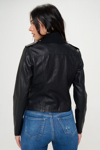 Coalition LA Knit Collared Faux Leather Crop Jacket - UrbanEthereal