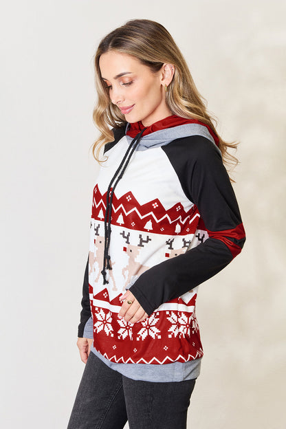 Double Take Full Size Christmas Drawstring Long Sleeve Hoodie - UrbanEthereal
