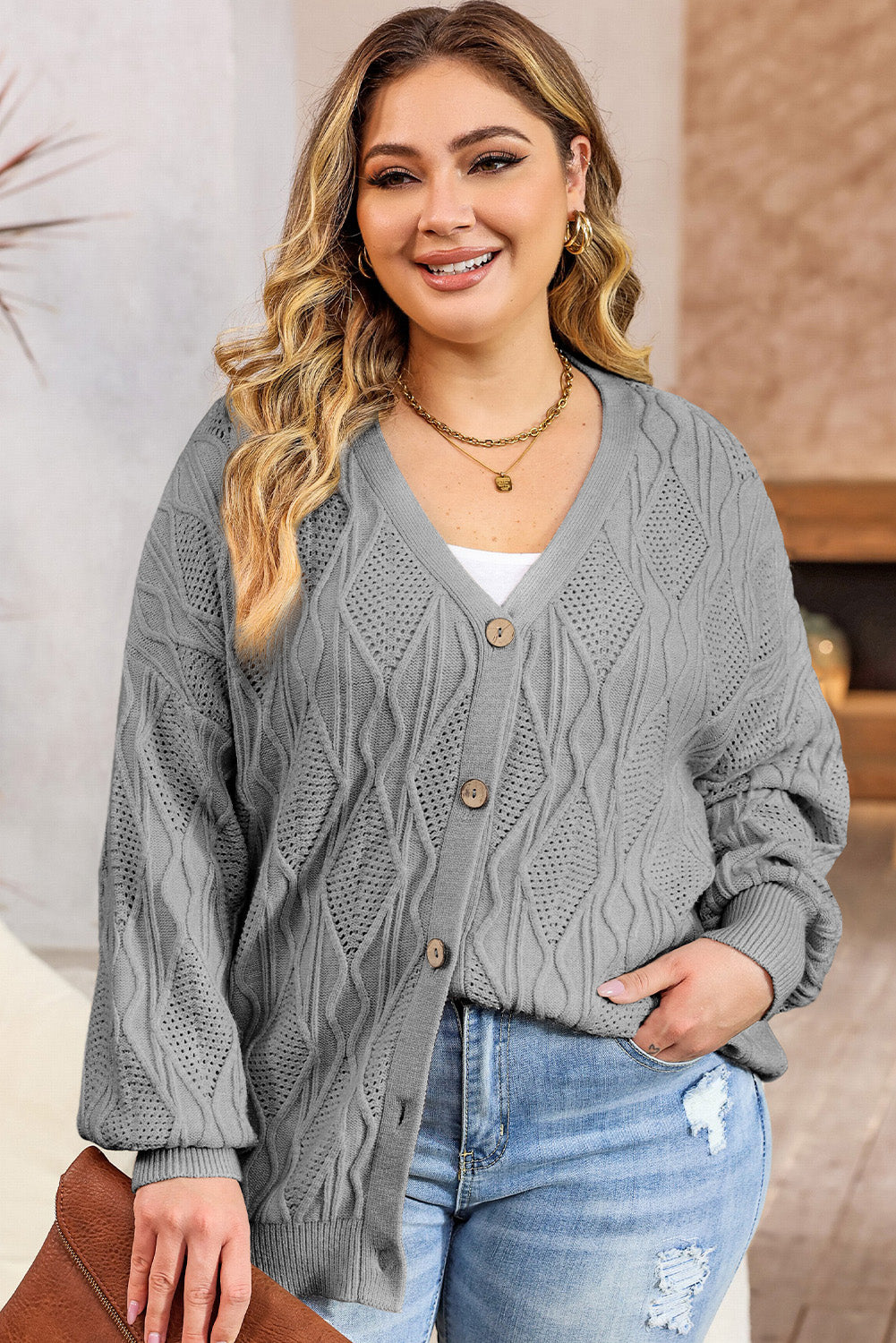 Plus Size Cable-Knit Button Up Sweater - UrbanEthereal