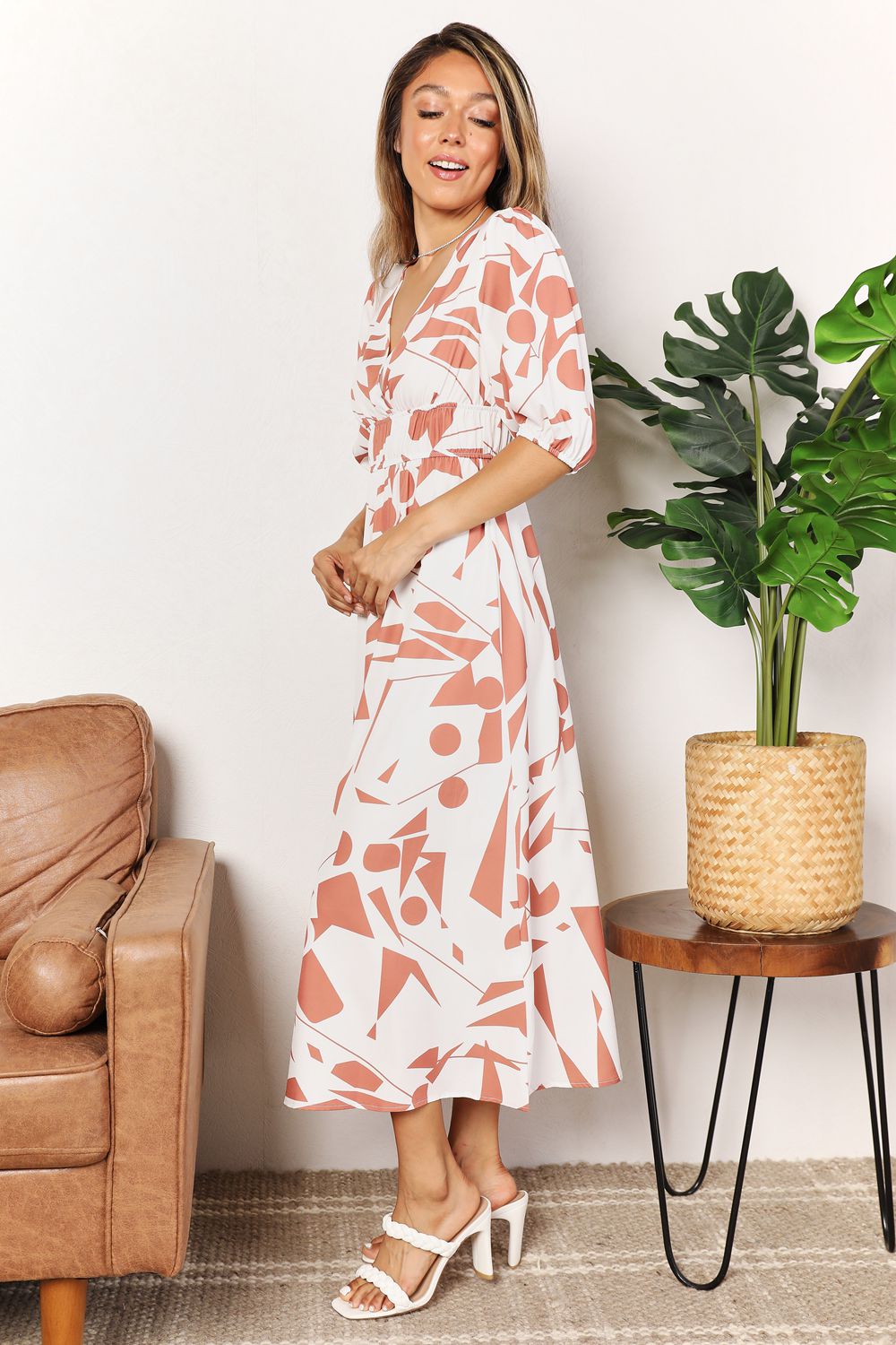 Printed Surplice Balloon Sleeve Dress - UrbanEthereal